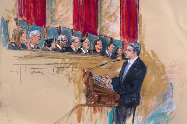 This artist sketch depicts the scene in the Supreme Court as the justices hear arguments about the Colorado Supreme Court's ruling that former President Donald Trump should be removed from the primary ballot, Thursday, Feb. 8, 2024, in Washington. Jonathan Mitchell, right, a former Texas solicitor general, argues on behalf of former President Donald Trump. (Dana Verkouteren via AP)