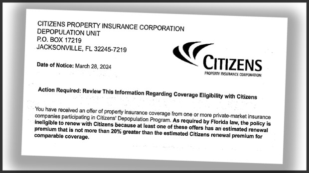 A Citizens Insurance customer recently received a notice that he was being shifted to a private-market insurer as part of Citizens' "takeout" program. But the letter he received left him with more questions than answers. (Ron Hurtibise/South Florida ֱ)